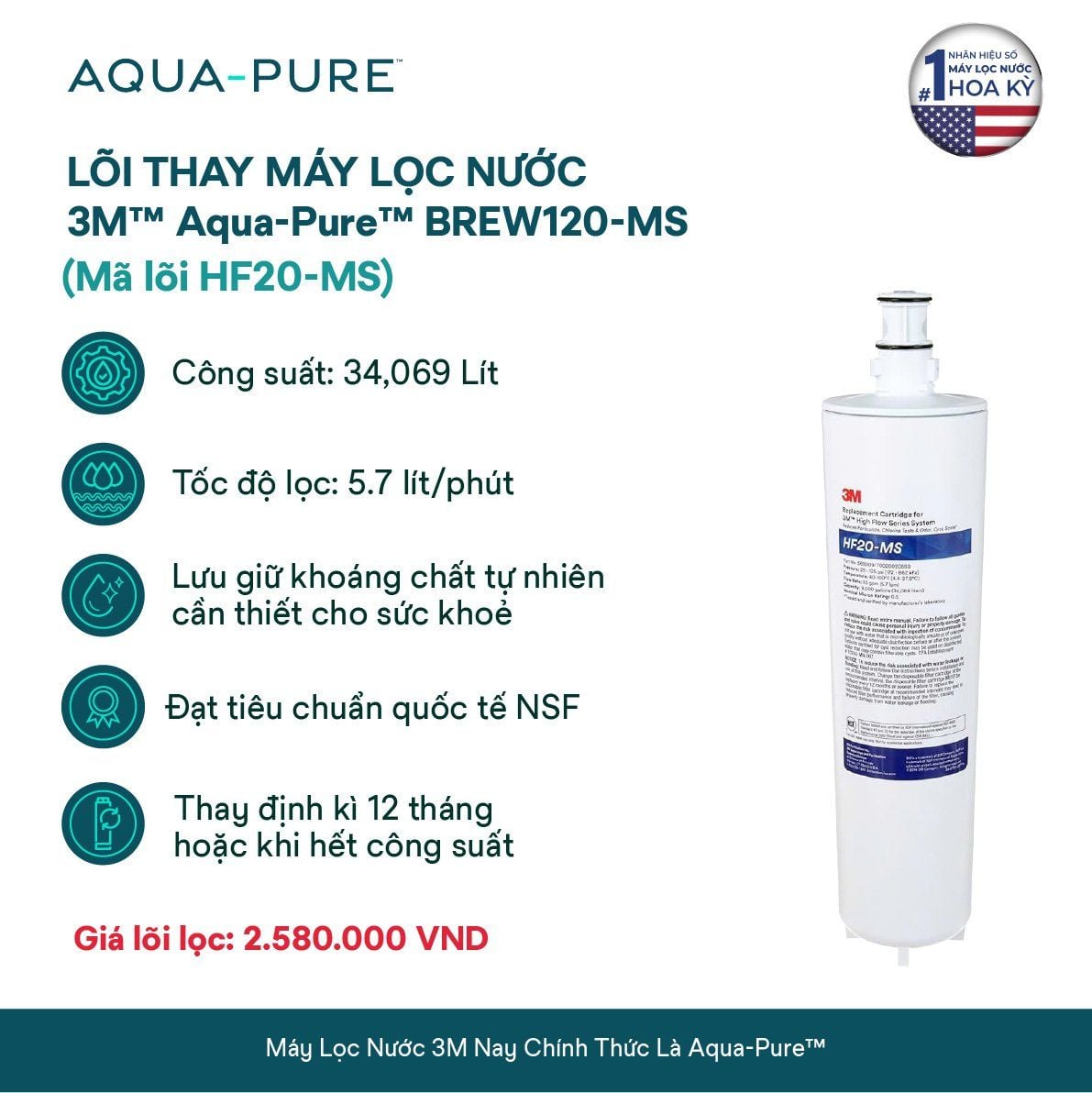  Lõi Thay Cho Máy Lọc Nước 3M™ Aqua-Pure™ BREW120-MS (MÃ HF20-MS) 