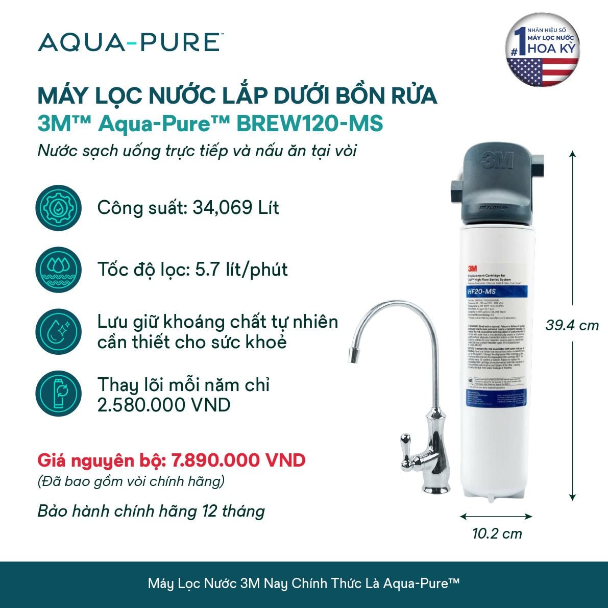  Máy Lọc Nước Lắp Dưới Bồn Rửa 3M™ Aqua-Pure™ BREW120-MS Kèm Vòi 