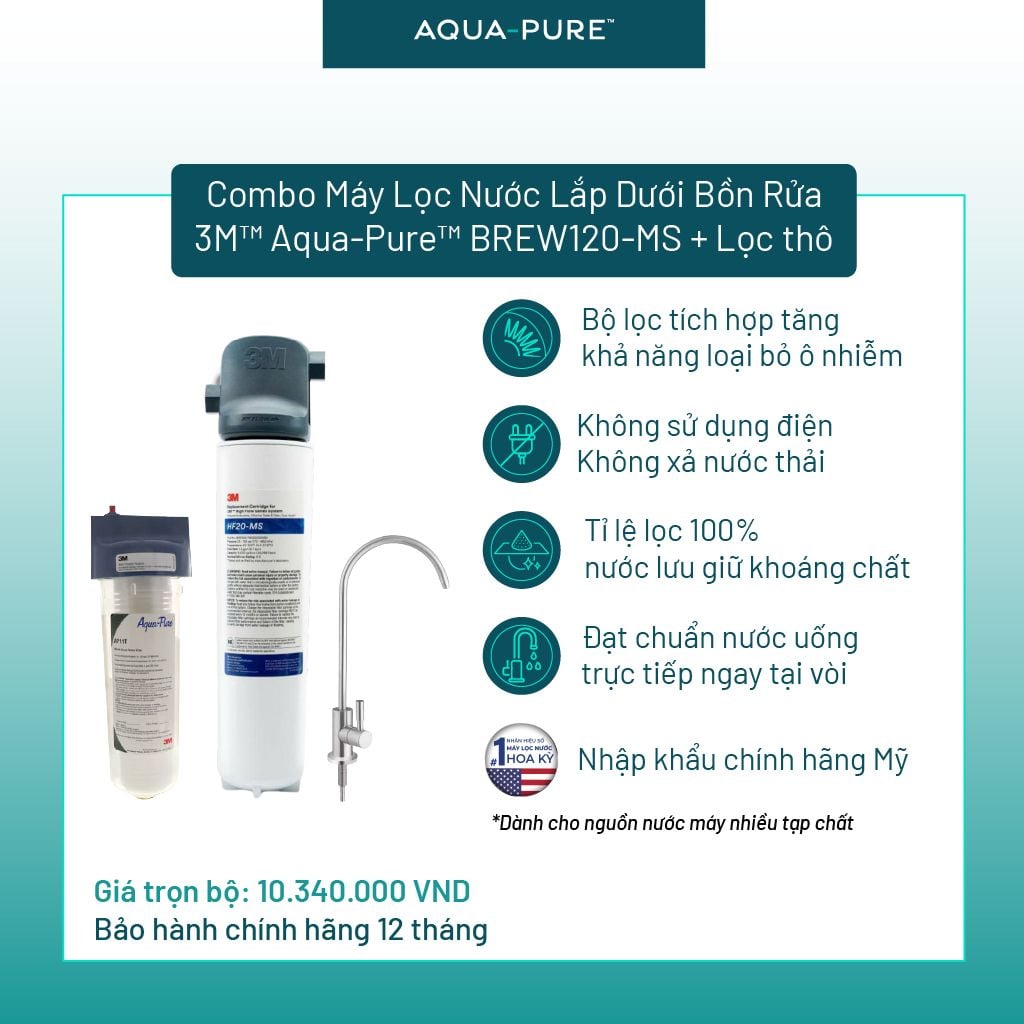  Bộ Sản Phẩm Máy Lọc Nước Lắp Dưới Bồn Rửa 3M™ Aqua-Pure™ BREW120-MS Kèm Lọc Thô Cao Cấp 
