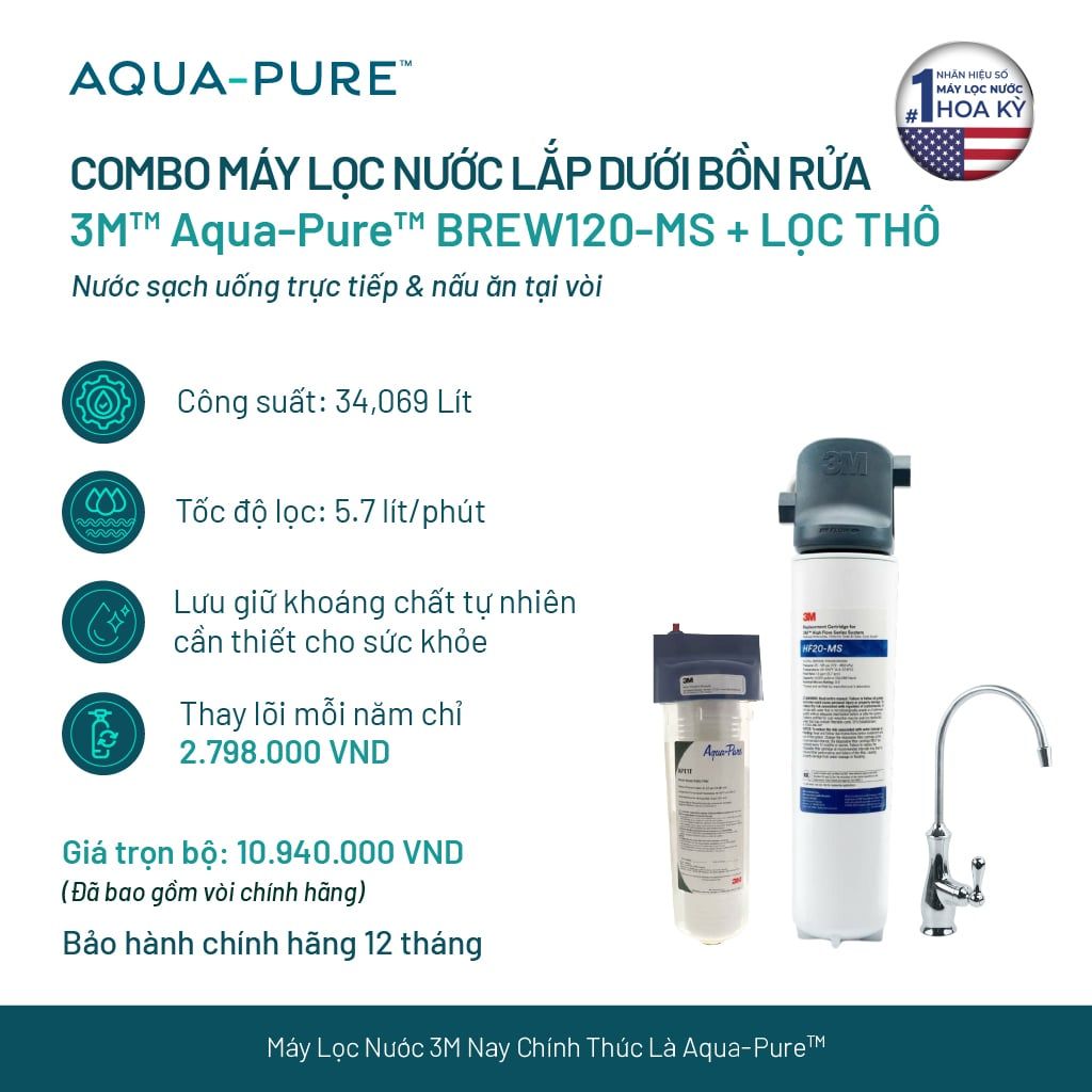  Bộ Sản Phẩm Máy Lọc Nước Lắp Dưới Bồn Rửa 3M™ Aqua-Pure™ BREW120-MS Kèm Lọc Thô Cao Cấp 