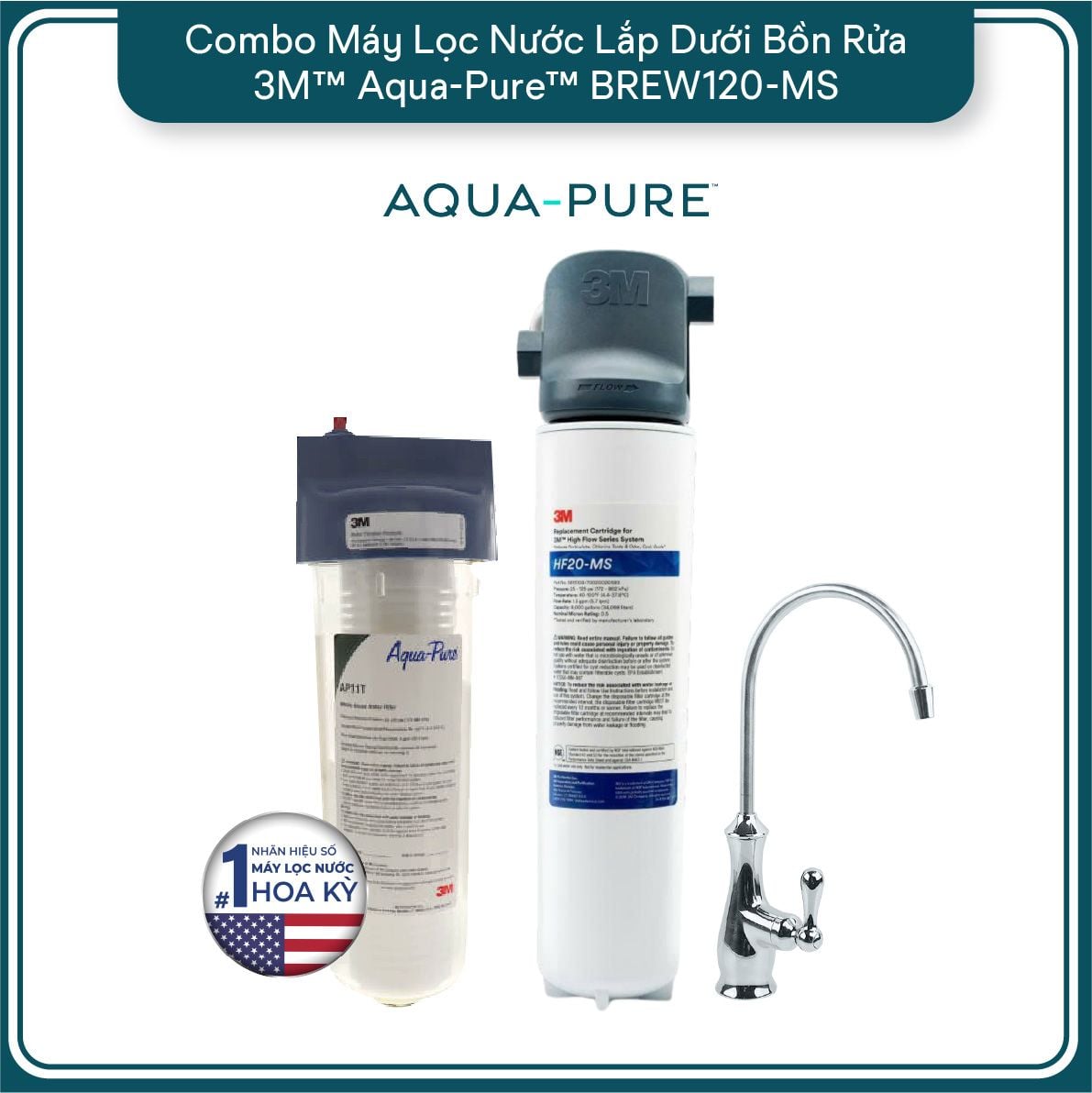  Bộ Sản Phẩm Máy Lọc Nước Lắp Dưới Bồn Rửa 3M™ Aqua-Pure™ BREW120-MS Kèm Lọc Thô Cao Cấp 