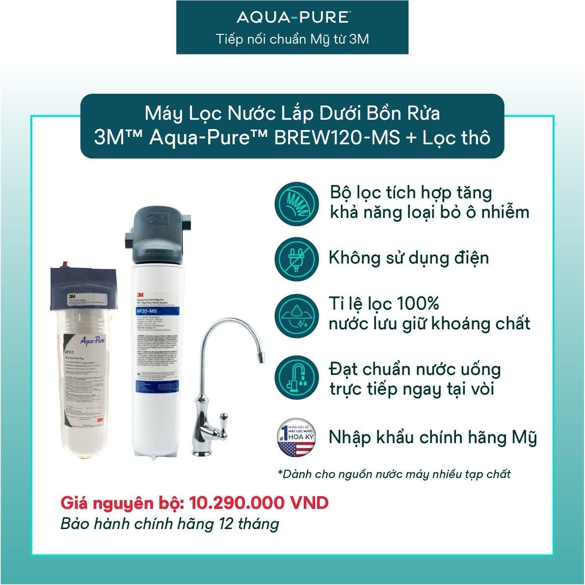  Bộ Sản Phẩm Máy Lọc Nước Lắp Dưới Bồn Rửa 3M™ Aqua-Pure™ BREW120-MS Kèm Lọc Thô Cao Cấp 