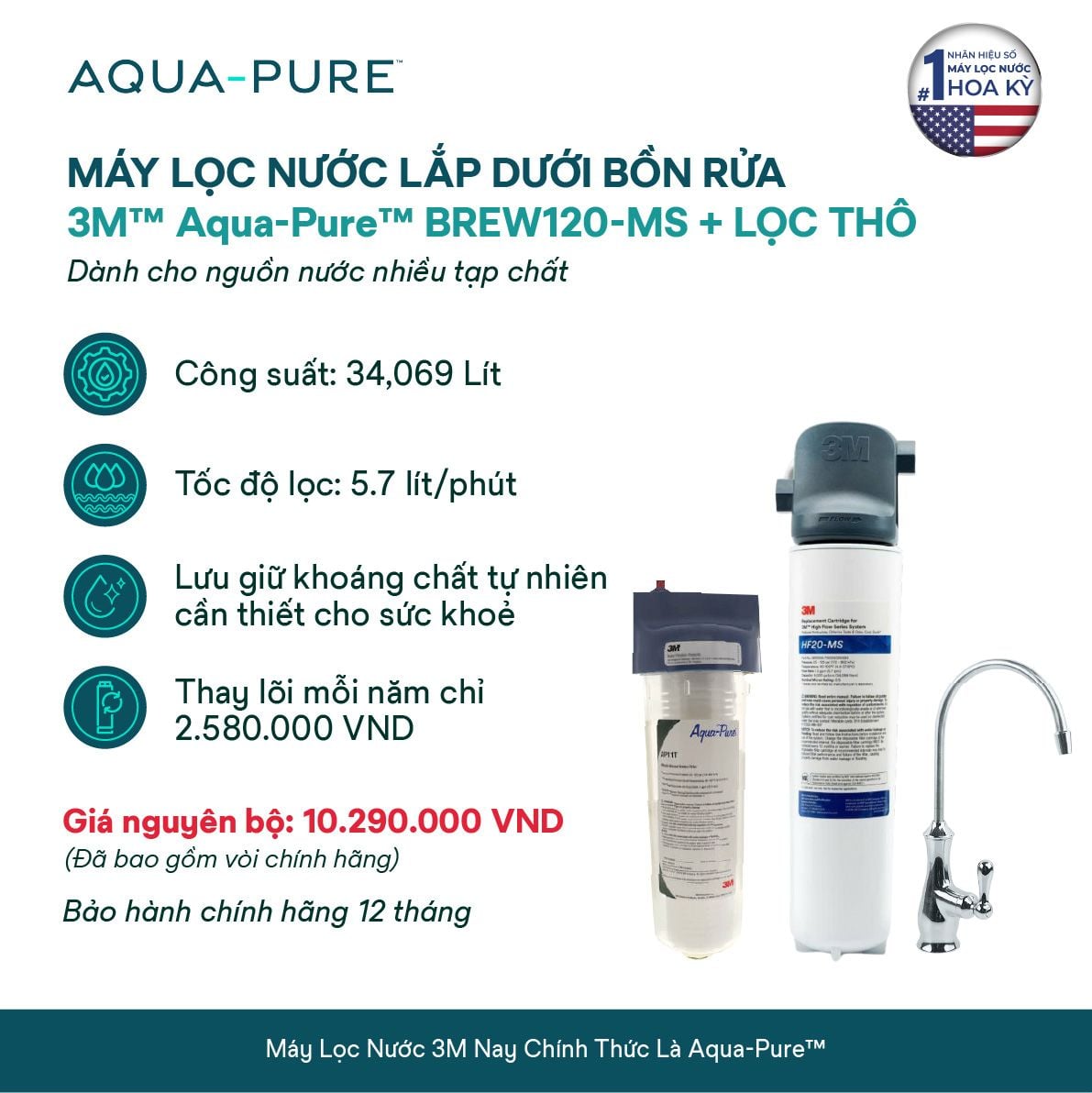  Bộ Sản Phẩm Máy Lọc Nước Lắp Dưới Bồn Rửa 3M™ Aqua-Pure™ BREW120-MS Kèm Lọc Thô Cao Cấp 