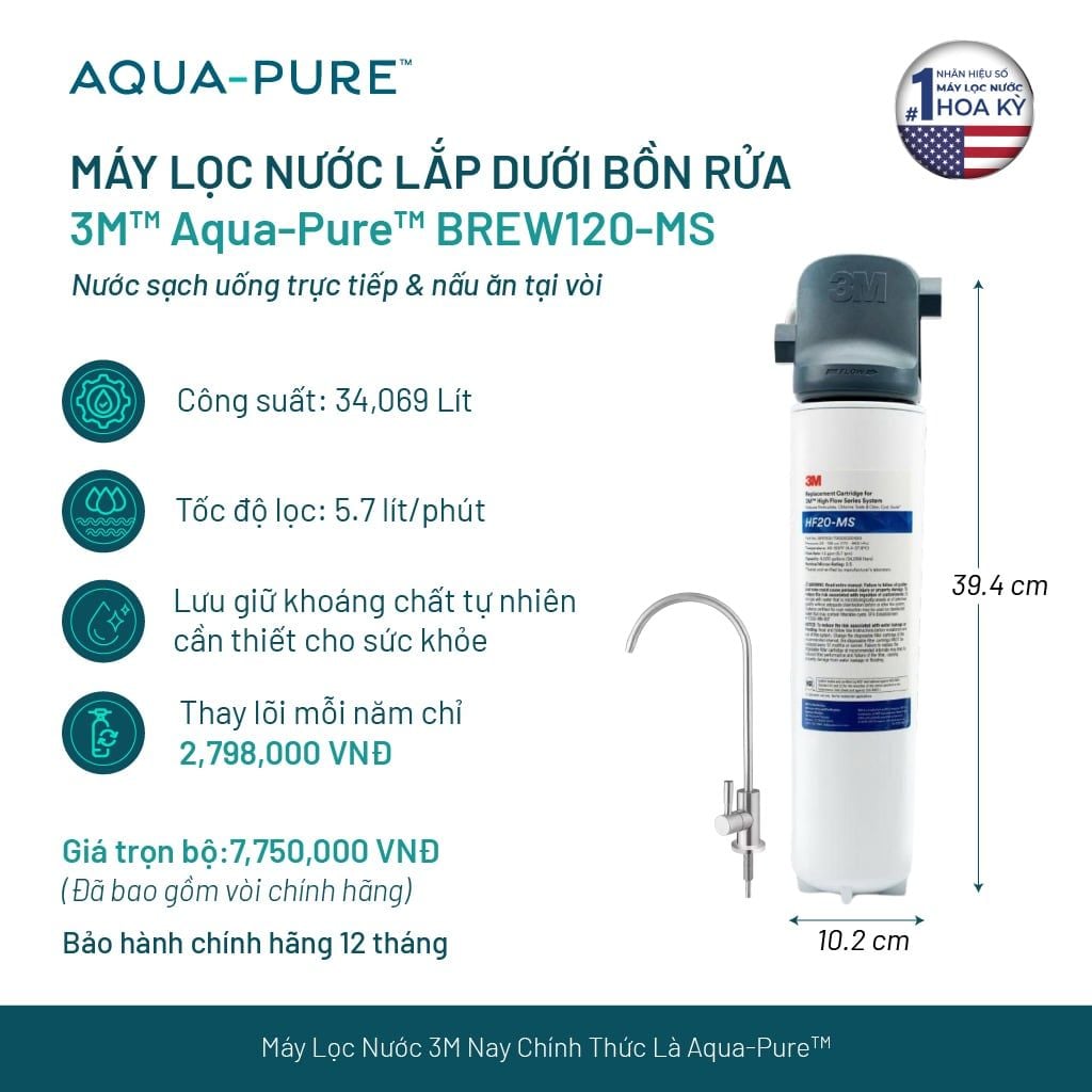  Máy Lọc Nước Lắp Dưới Bồn Rửa 3M™ Aqua-Pure™ BREW120-MS Kèm Vòi 