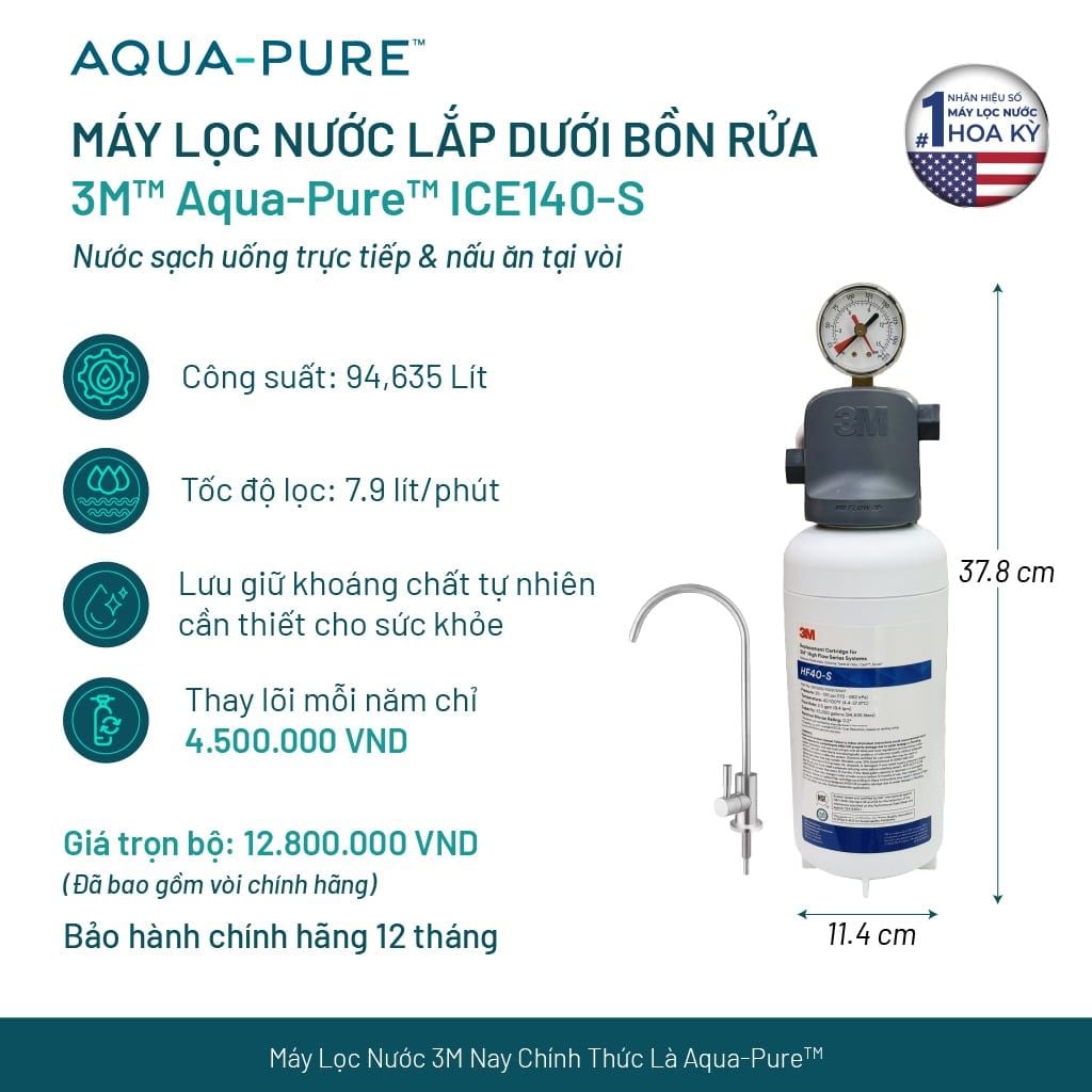  Máy Lọc Nước Lắp Dưới Bồn Rửa 3M™ Aqua-Pure™ ICE140-S Kèm Vòi 