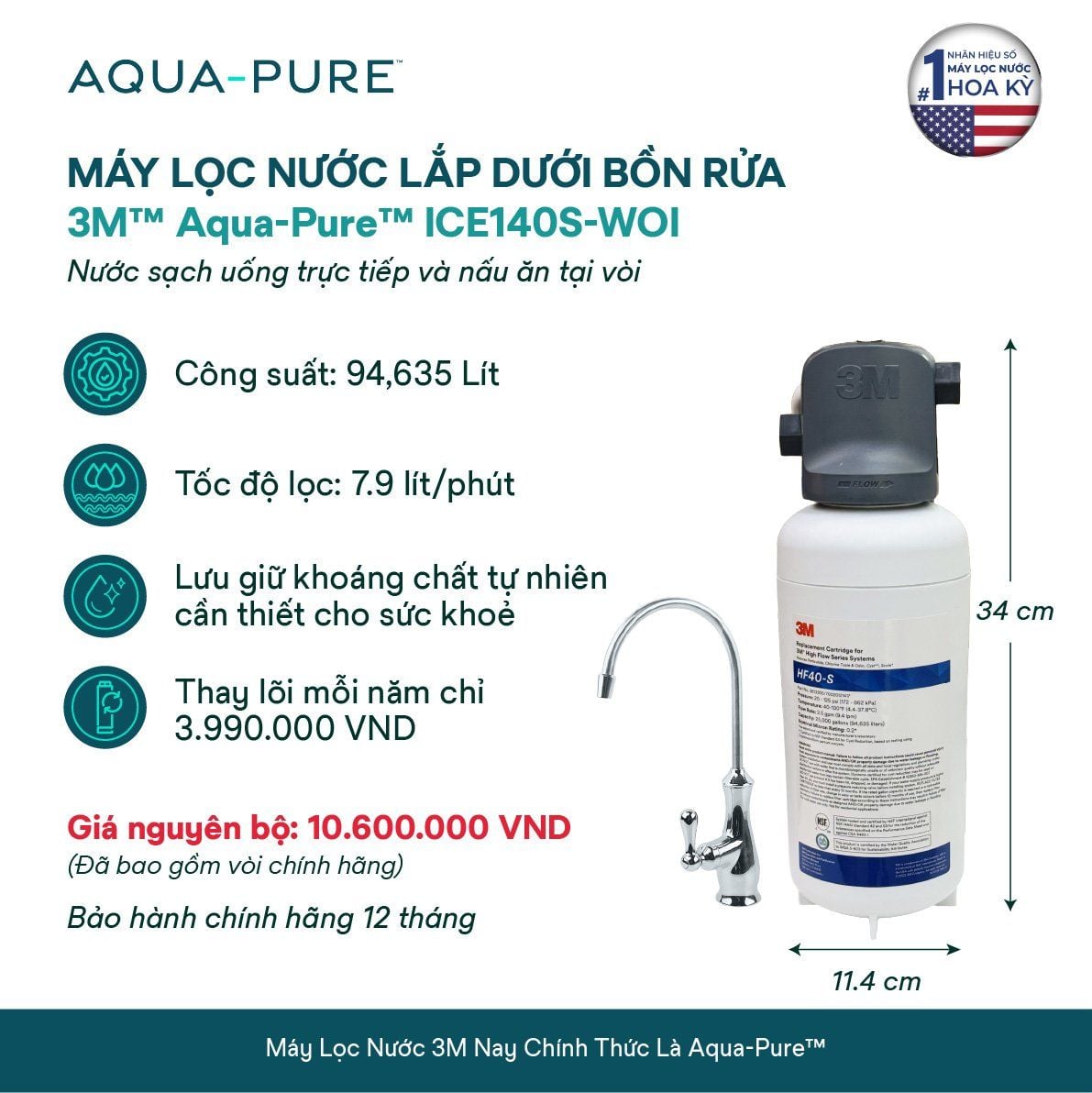  Máy Lọc Nước Lắp Dưới Bồn Rửa 3M™ Aqua-Pure™ ICE140S-WOI Kèm Vòi 3M 