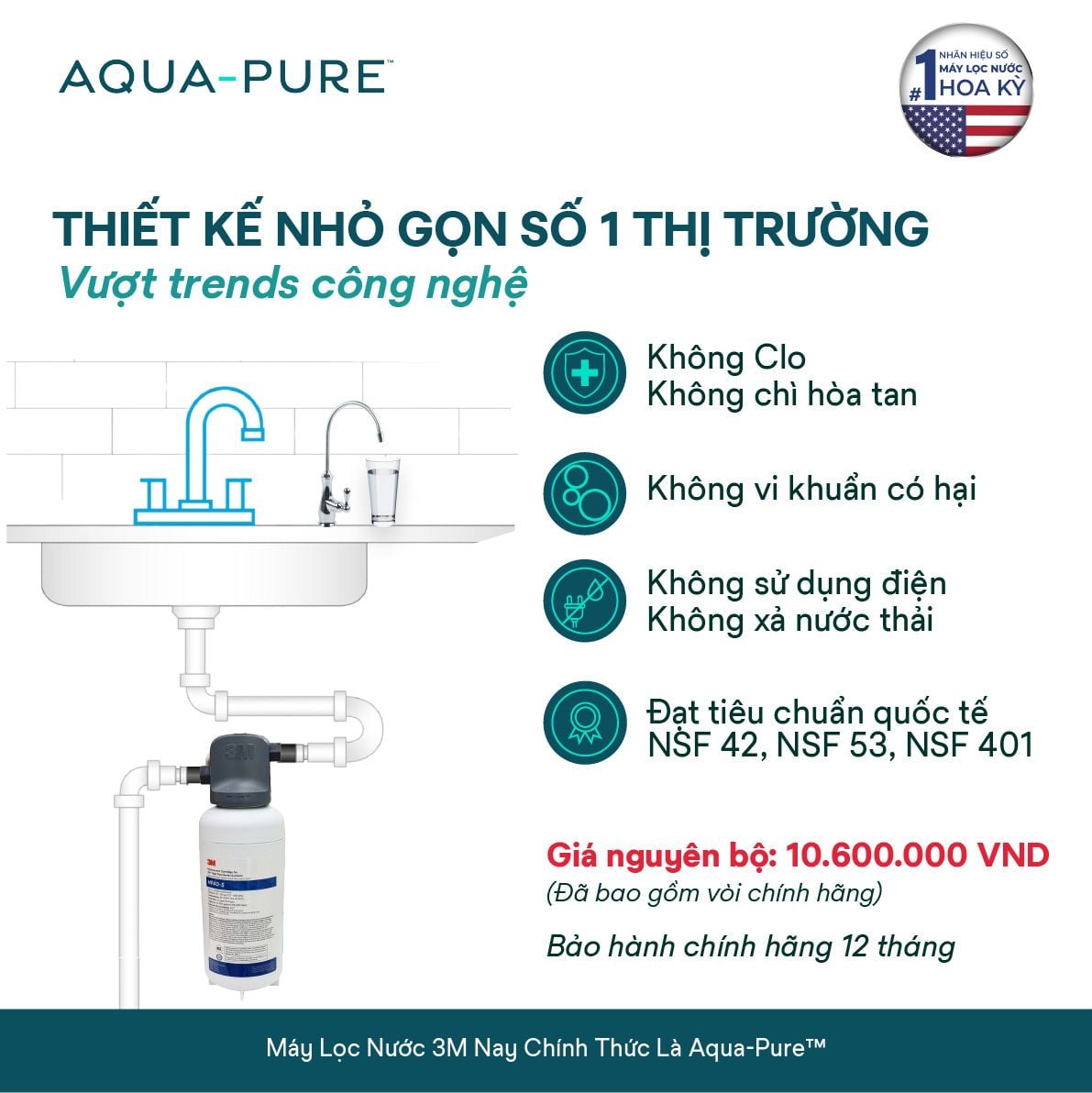  Máy Lọc Nước Lắp Dưới Bồn Rửa 3M™ Aqua-Pure™ ICE140S-WOI Kèm Vòi 3M 