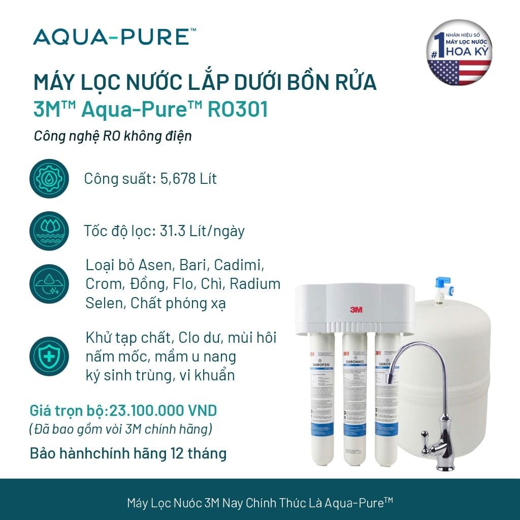  Máy Lọc Nước Lắp Dưới Bồn Rửa 3M™ Aqua-Pure™ RO301 - Công Nghệ RO Không Dùng Điện 