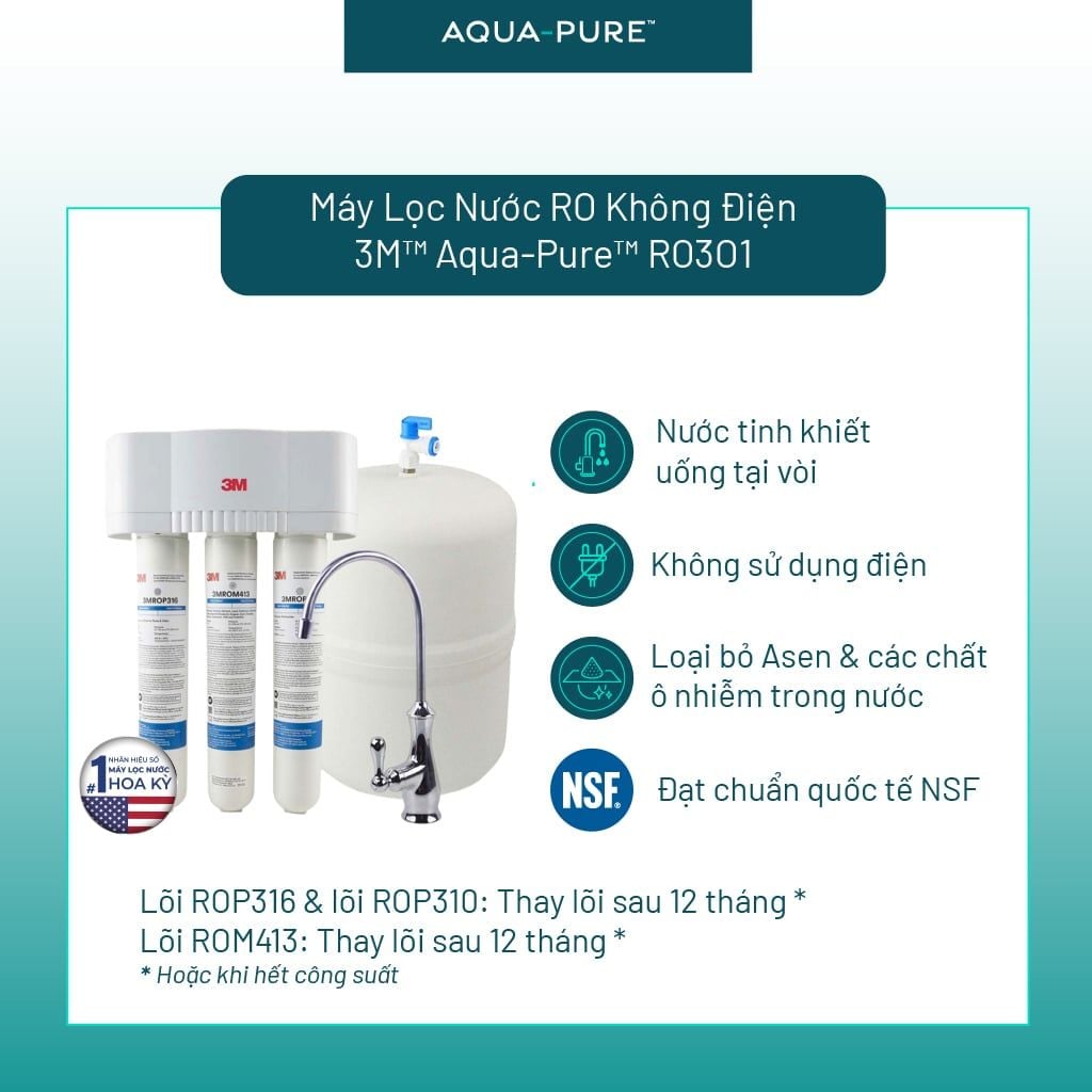  Máy Lọc Nước Lắp Dưới Bồn Rửa 3M™ Aqua-Pure™ RO301 - Công Nghệ RO Không Dùng Điện 