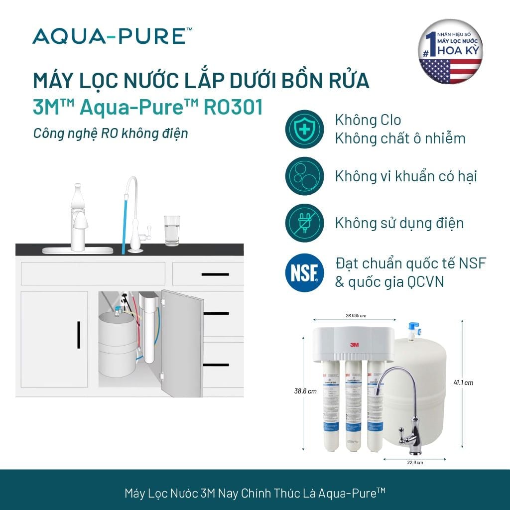  Máy Lọc Nước Lắp Dưới Bồn Rửa 3M™ Aqua-Pure™ RO301 - Công Nghệ RO Không Dùng Điện 