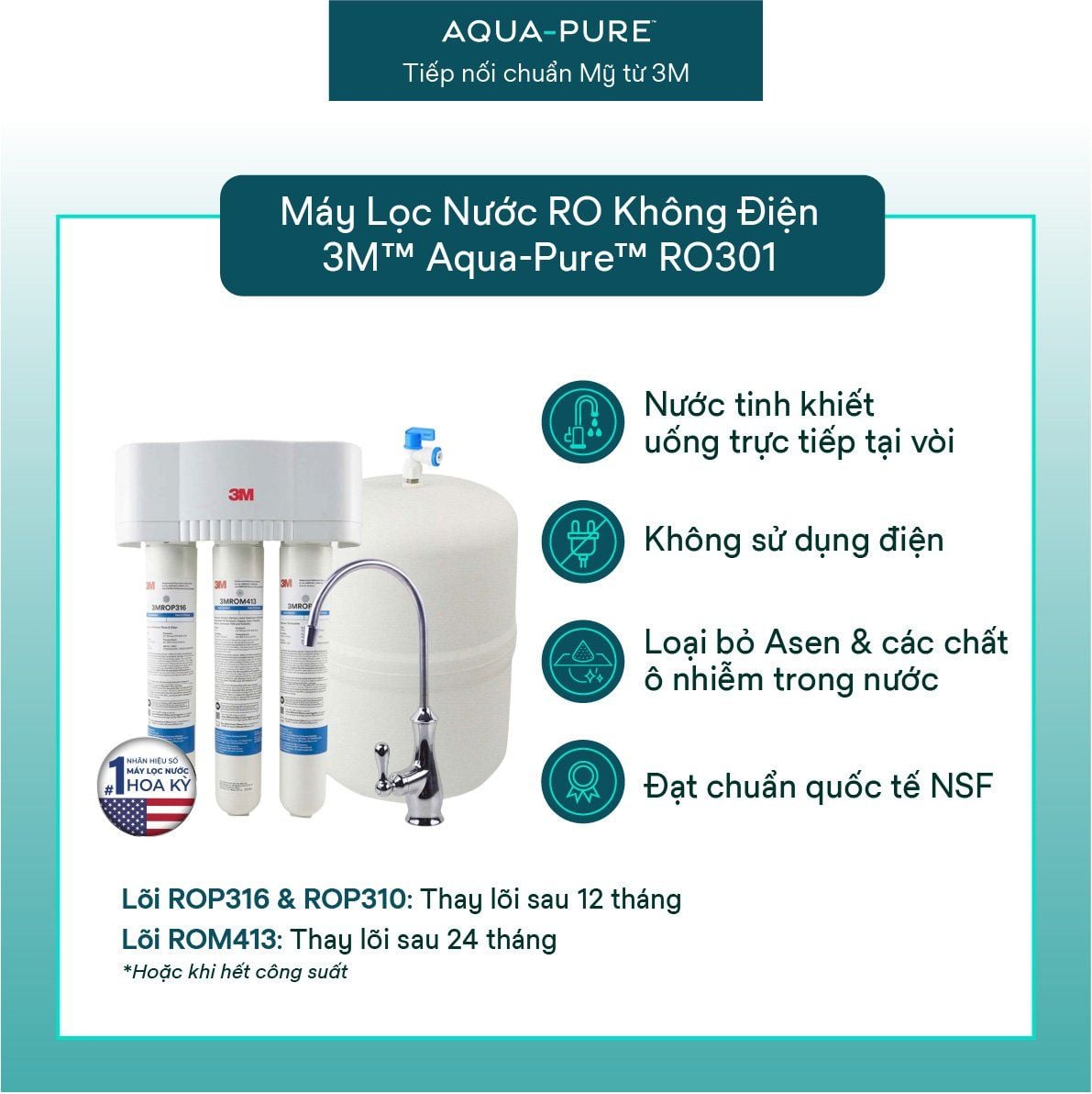  Máy Lọc Nước Lắp Dưới Bồn Rửa 3M™ Aqua-Pure™ RO301 - Công Nghệ RO Không Dùng Điện 
