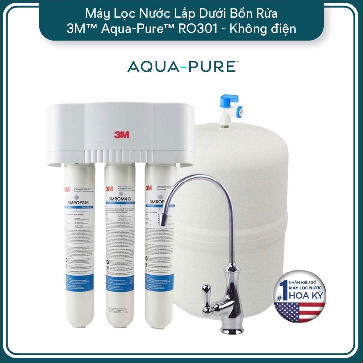  Máy Lọc Nước Lắp Dưới Bồn Rửa 3M™ Aqua-Pure™ RO301 - Công Nghệ RO Không Dùng Điện 