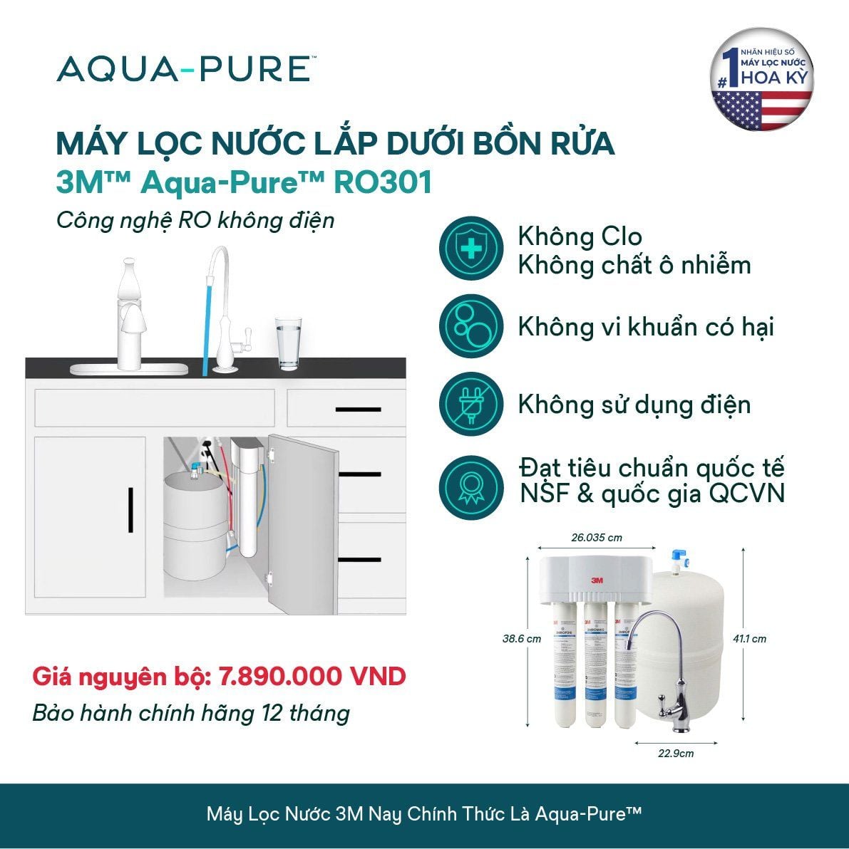  Máy Lọc Nước Lắp Dưới Bồn Rửa 3M™ Aqua-Pure™ RO301 - Công Nghệ RO Không Dùng Điện 