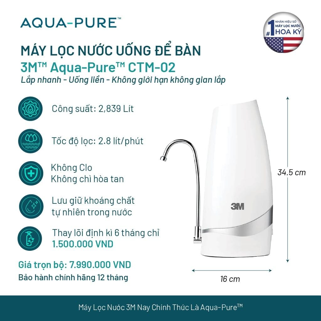  Máy Lọc Nước Uống Để Bàn Không Dùng Điện 3M™ Aqua-Pure™ CTM-02 