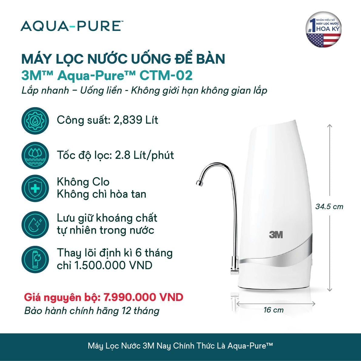  Máy Lọc Nước Uống Để Bàn Không Dùng Điện 3M™ Aqua-Pure™ CTM-02 