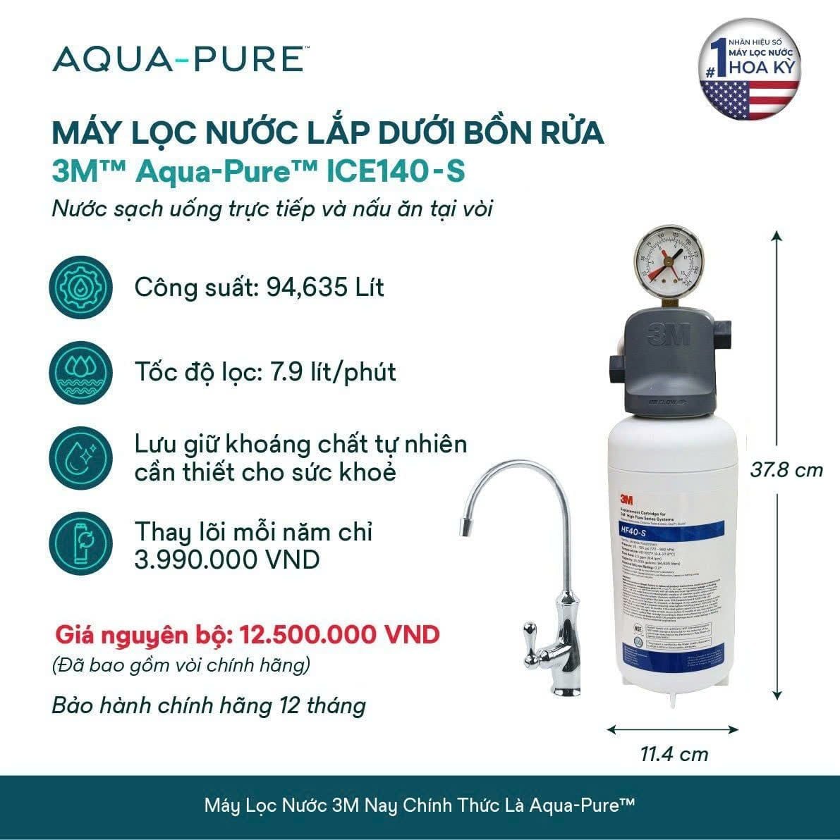  Máy Lọc Nước Lắp Dưới Bồn Rửa 3M™ Aqua-Pure™ ICE140-S Kèm Vòi 