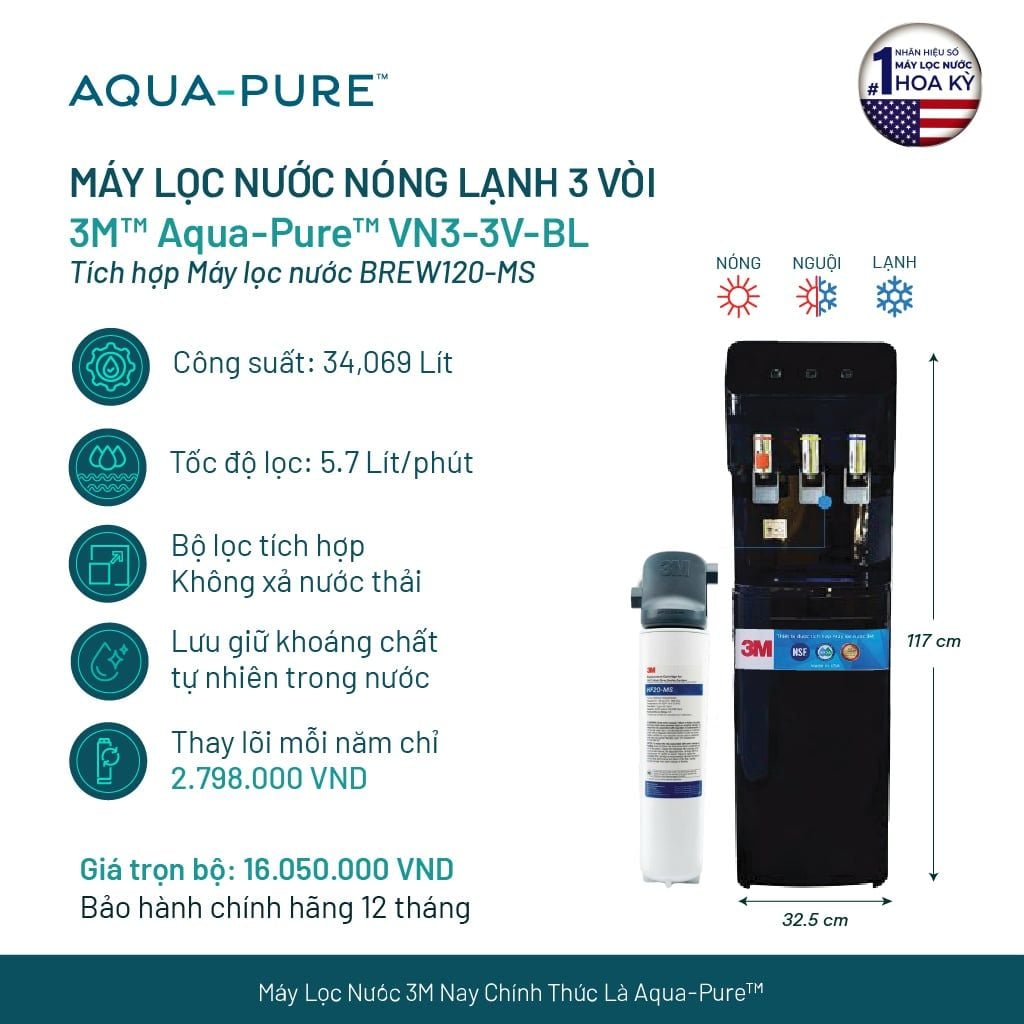  Cây Lọc Nước Nóng Lạnh VN3-3V-BL (Tích Hợp Máy Lọc Nước 3M BREW120-MS) 