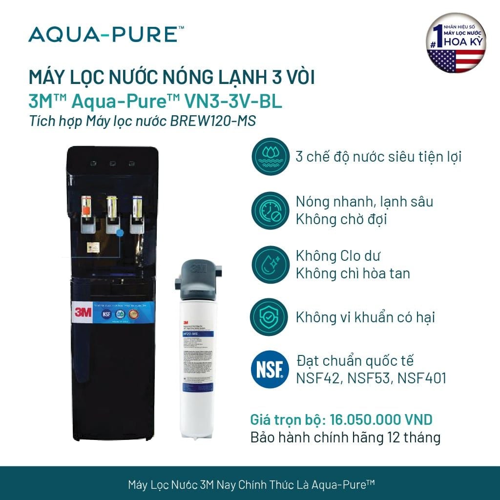  Cây Lọc Nước Nóng Lạnh VN3-3V-BL (Tích Hợp Máy Lọc Nước 3M BREW120-MS) 