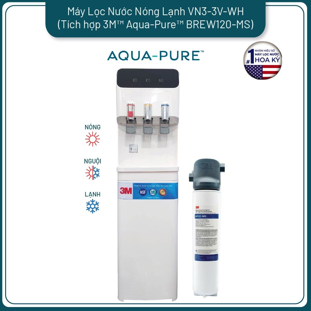  Cây Lọc Nước Nóng Lạnh VN3-3V-WH (Tích Hợp Máy Lọc Nước 3M™ Aqua-Pure™ BREW120-MS) 