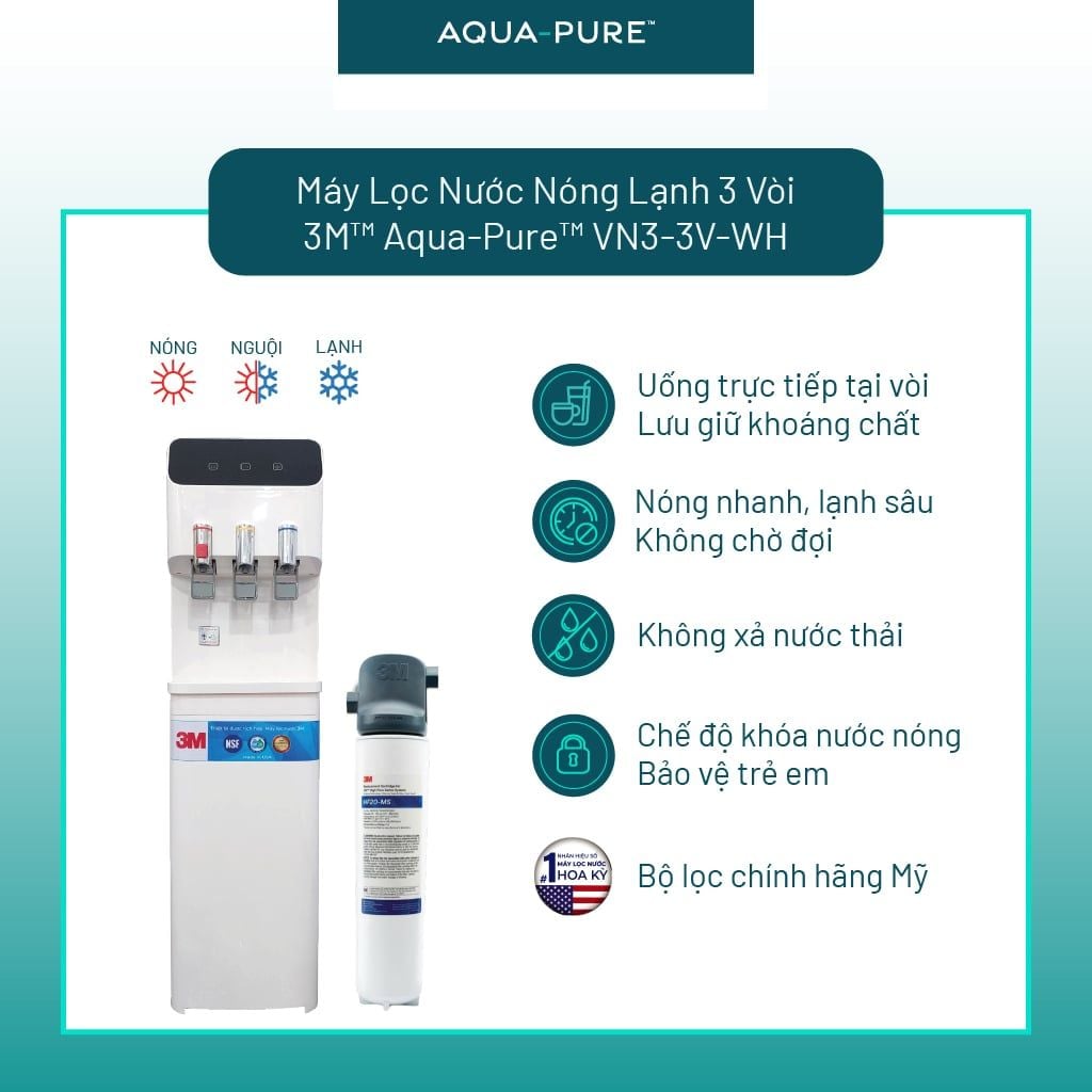 Cây Lọc Nước Nóng Lạnh VN3-3V-WH (Tích Hợp Máy Lọc Nước 3M™ Aqua-Pure™ BREW120-MS) 