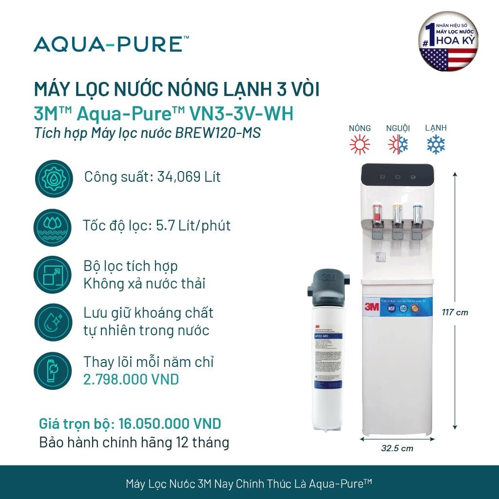  Cây Lọc Nước Nóng Lạnh VN3-3V-WH (Tích Hợp Máy Lọc Nước 3M™ Aqua-Pure™ BREW120-MS) 