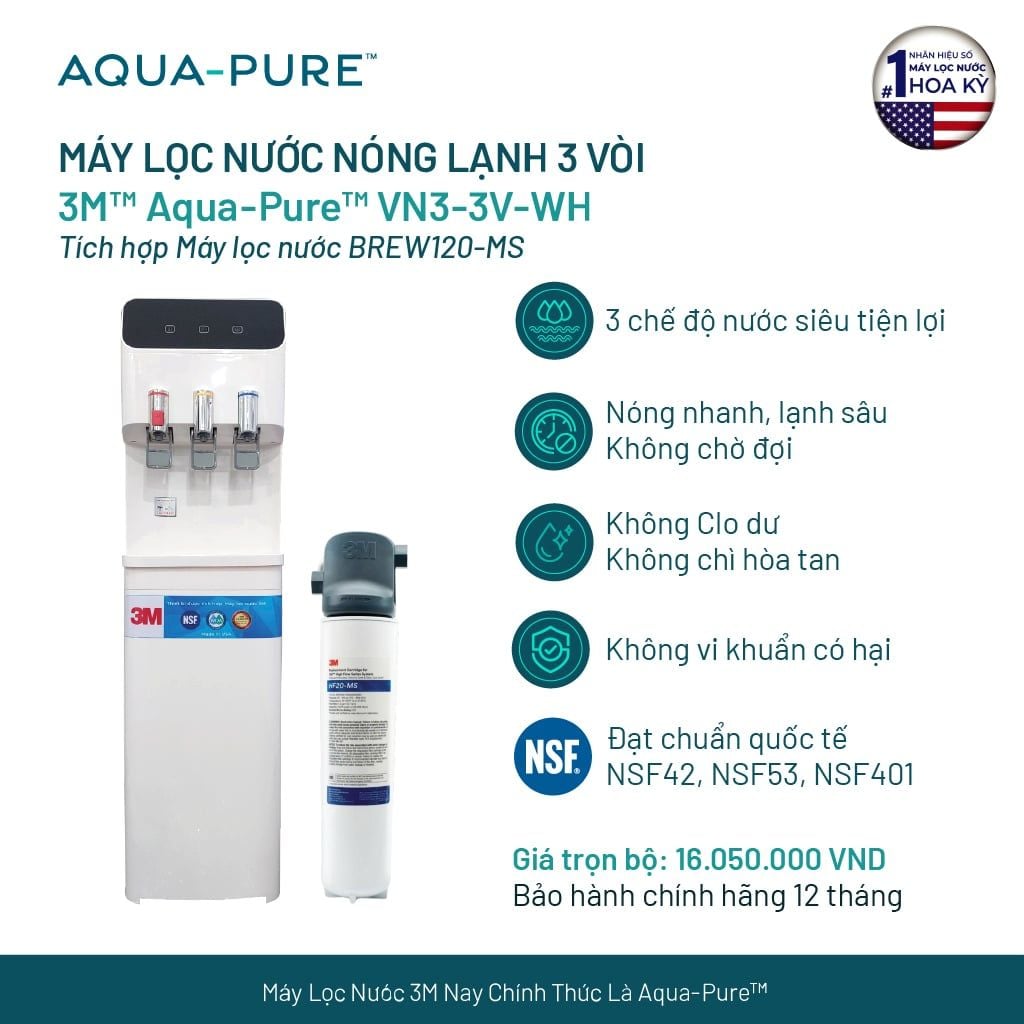  Cây Lọc Nước Nóng Lạnh VN3-3V-WH (Tích Hợp Máy Lọc Nước 3M™ Aqua-Pure™ BREW120-MS) 