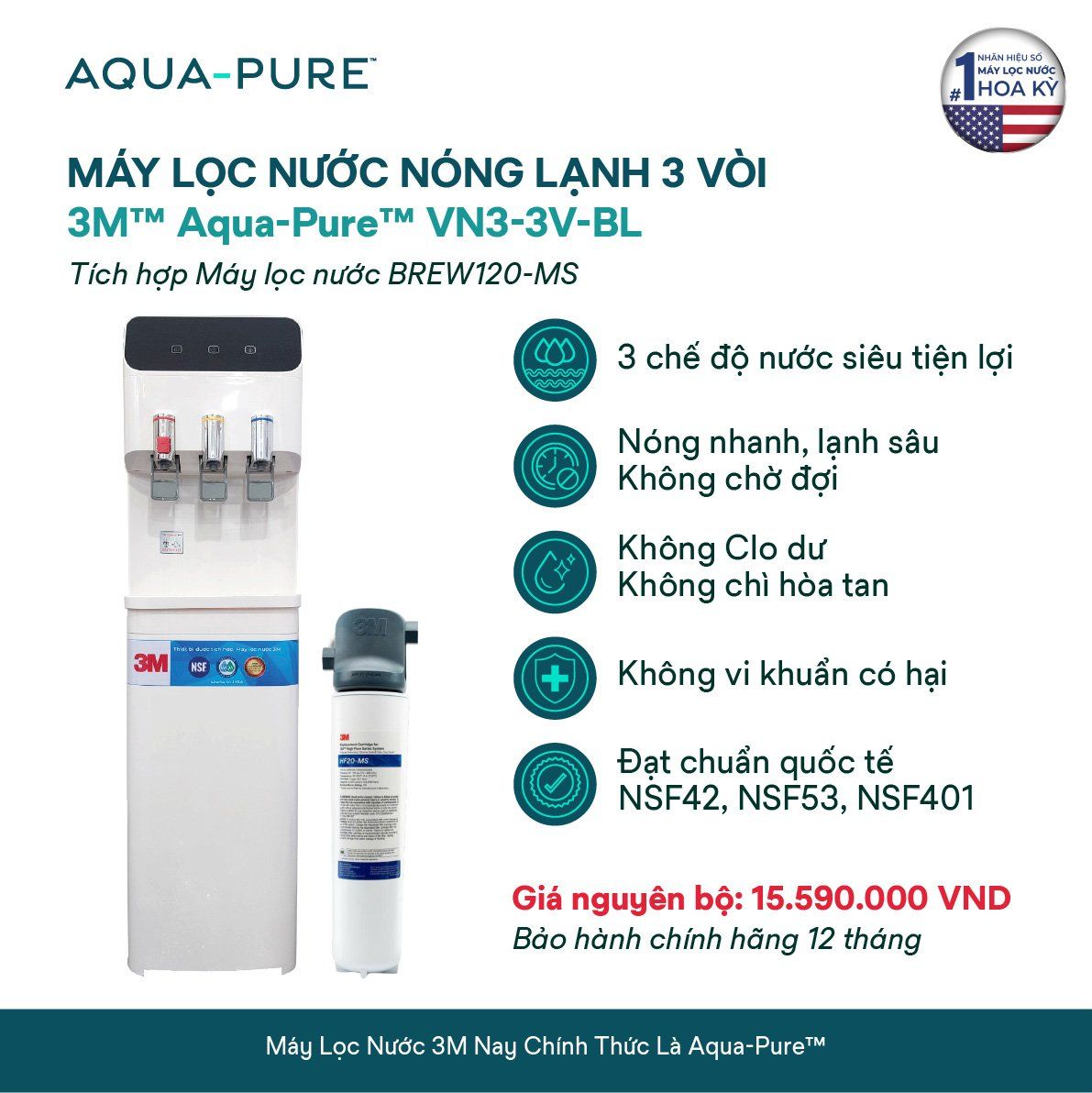  Cây Lọc Nước Nóng Lạnh VN3-3V-WH (Tích Hợp Máy Lọc Nước 3M™ Aqua-Pure™ BREW120-MS) 