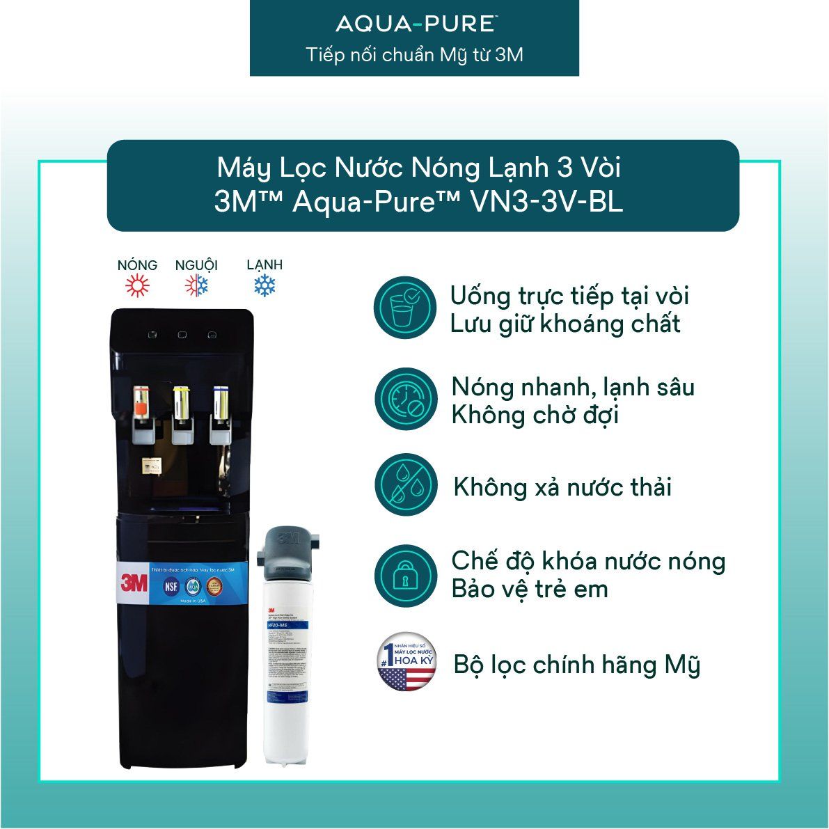  Cây Lọc Nước Nóng Lạnh VN3-3V-BL (Tích Hợp Máy Lọc Nước 3M™ Aqua-Pure™ BREW120-MS) 