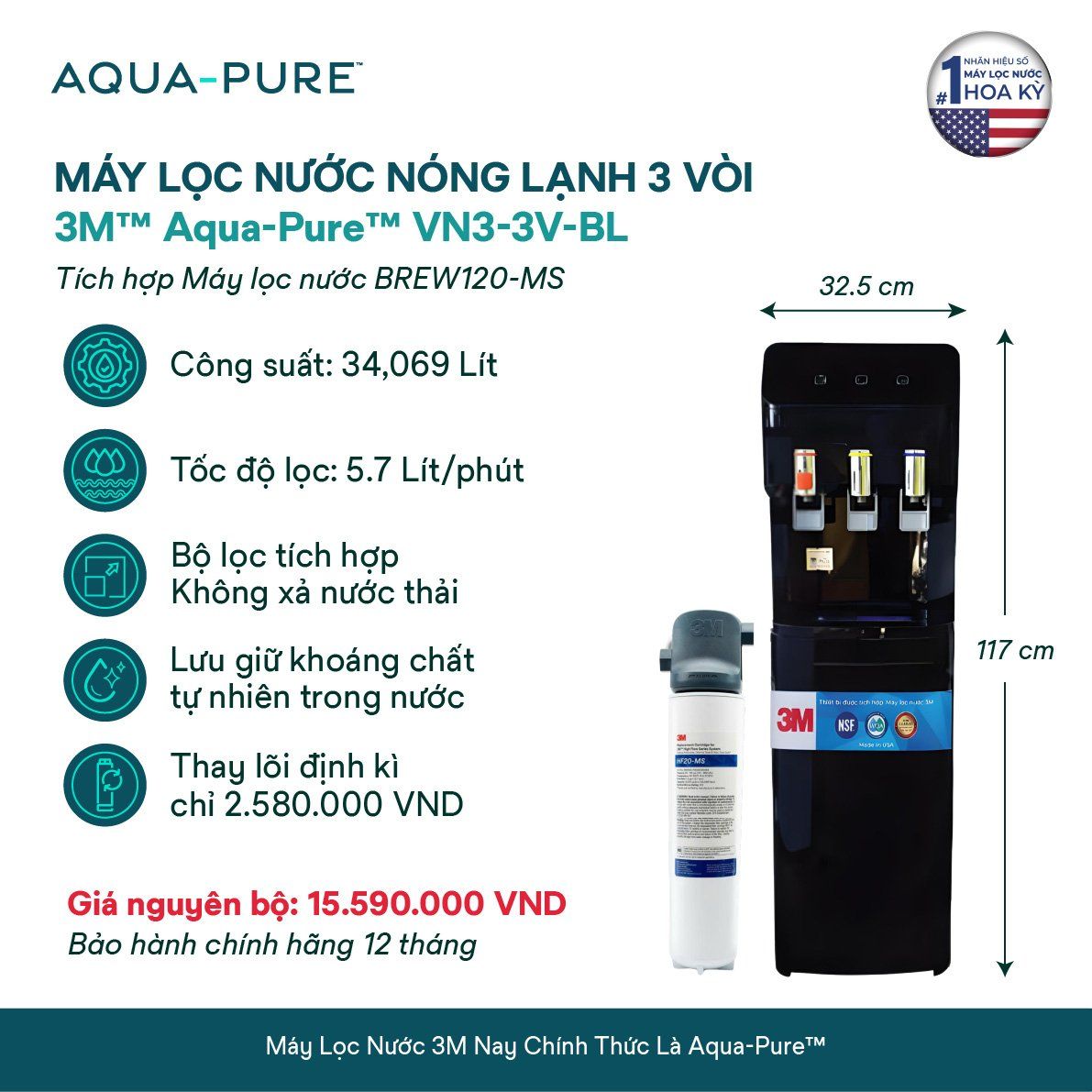  Cây Lọc Nước Nóng Lạnh VN3-3V-BL (Tích Hợp Máy Lọc Nước 3M™ Aqua-Pure™ BREW120-MS) 