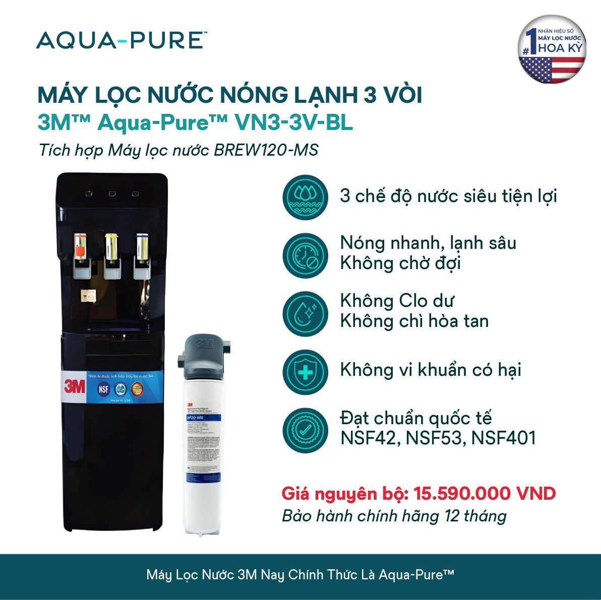  Cây Lọc Nước Nóng Lạnh VN3-3V-BL (Tích Hợp Máy Lọc Nước 3M™ Aqua-Pure™ BREW120-MS) 