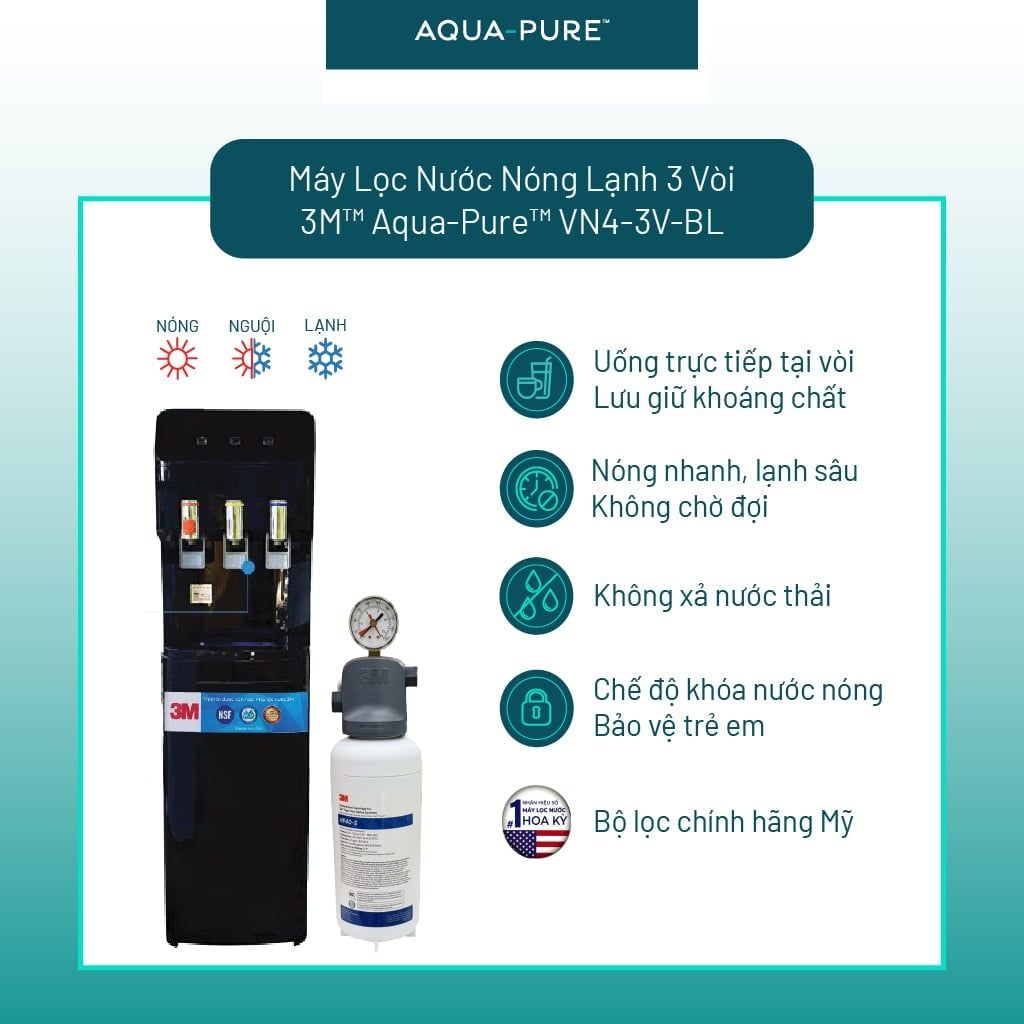 Cây Lọc Nước Nóng Lạnh VN4-3V-BL (Tích Hợp Máy Lọc Nước 3M™ Aqua-Pure™ ICE140-S) 