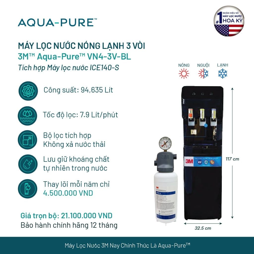 Cây Lọc Nước Nóng Lạnh VN4-3V-BL (Tích Hợp Máy Lọc Nước 3M™ Aqua-Pure™ ICE140-S) 