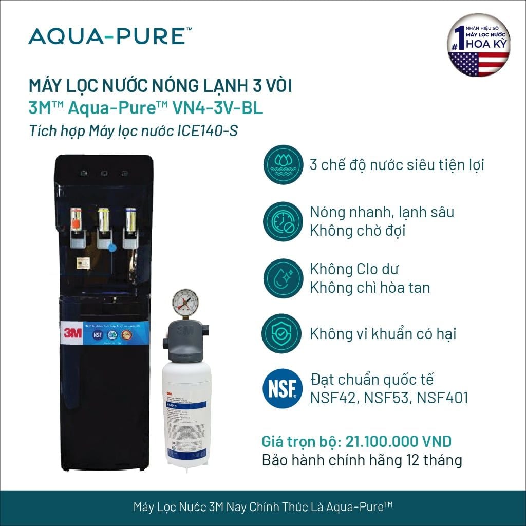 Cây Lọc Nước Nóng Lạnh VN4-3V-BL (Tích Hợp Máy Lọc Nước 3M™ Aqua-Pure™ ICE140-S) 