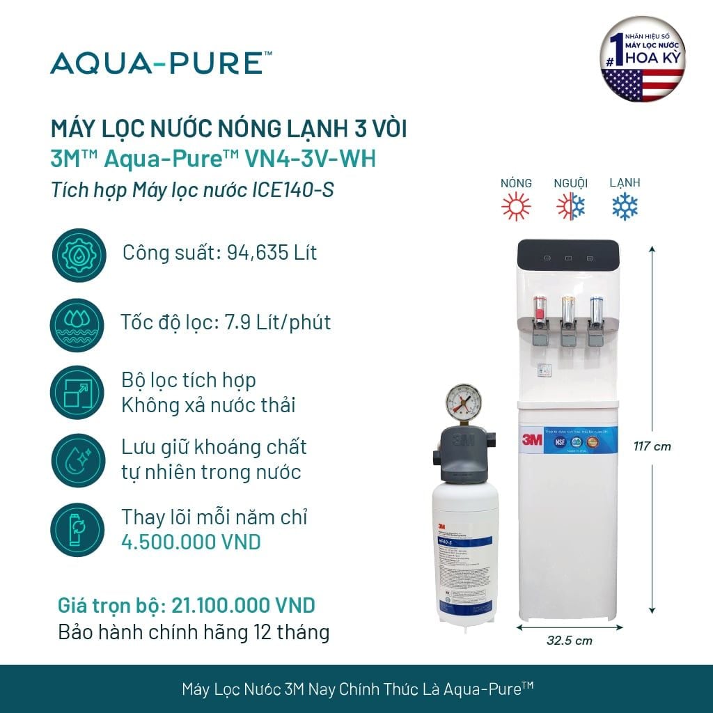  Cây Lọc Nước Nóng Lạnh VN4-3V-WH (Tích Hợp Máy Lọc Nước 3M™ Aqua-Pure™ ICE140-S) 