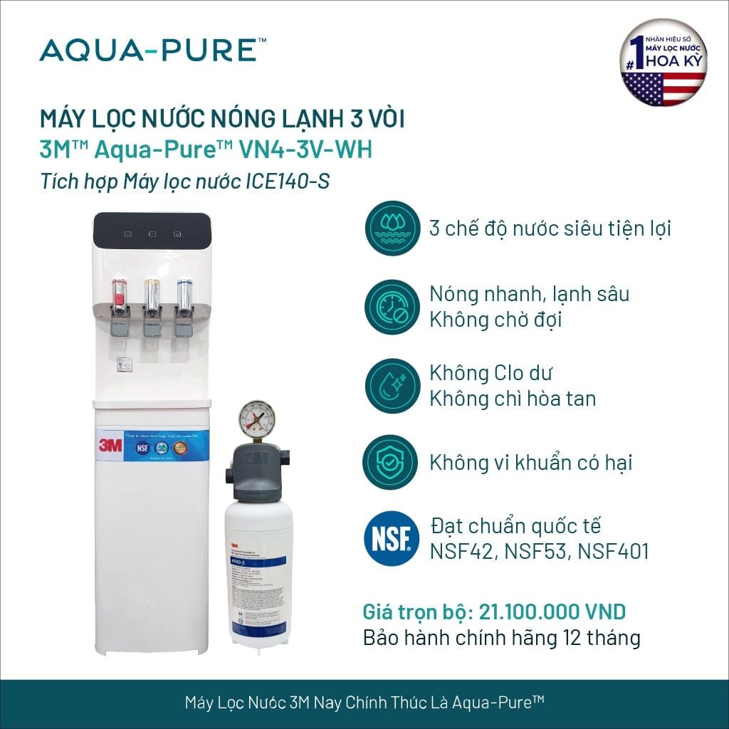  Cây Lọc Nước Nóng Lạnh VN4-3V-WH (Tích Hợp Máy Lọc Nước 3M™ Aqua-Pure™ ICE140-S) 