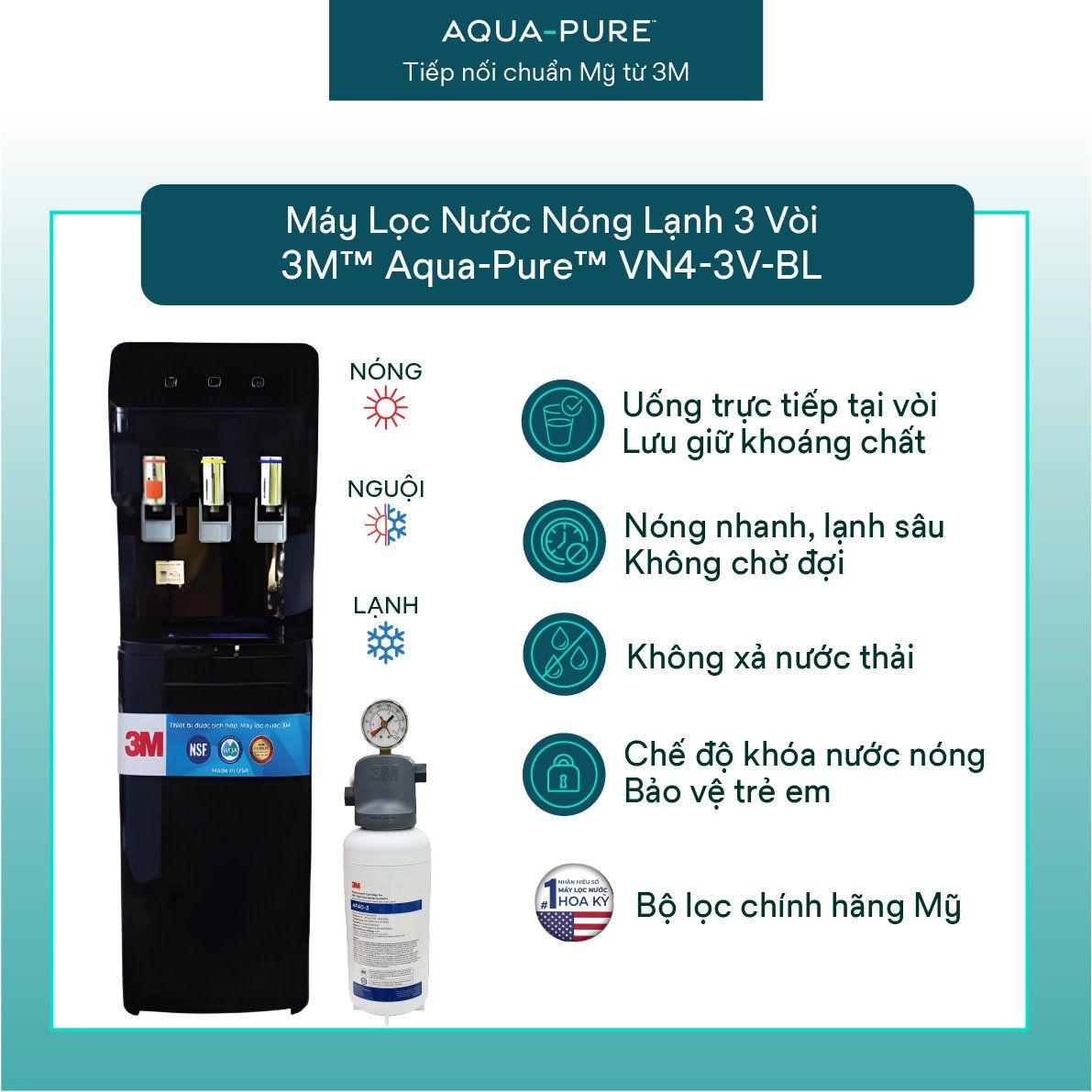  Cây Lọc Nước Nóng Lạnh VN4-3V-BL (Tích Hợp Máy Lọc Nước 3M™ Aqua-Pure™ ICE140-S) 