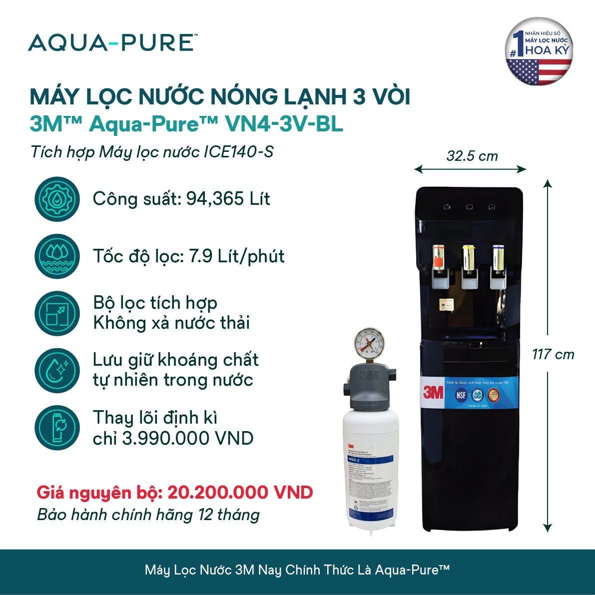  Cây Lọc Nước Nóng Lạnh VN4-3V-BL (Tích Hợp Máy Lọc Nước 3M™ Aqua-Pure™ ICE140-S) 