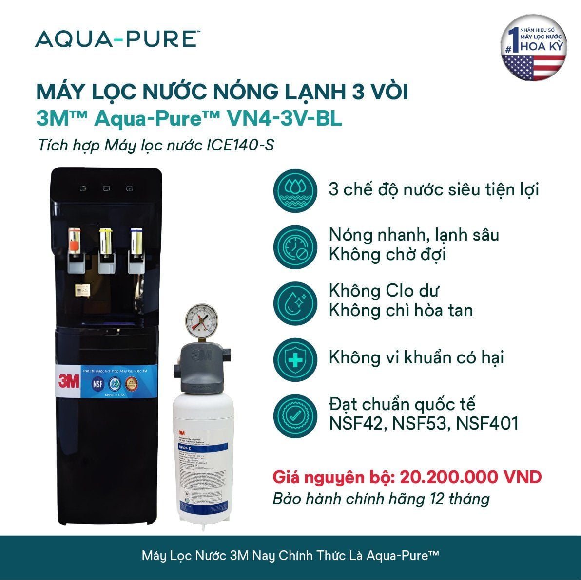  Cây Lọc Nước Nóng Lạnh VN4-3V-BL (Tích Hợp Máy Lọc Nước 3M™ Aqua-Pure™ ICE140-S) 