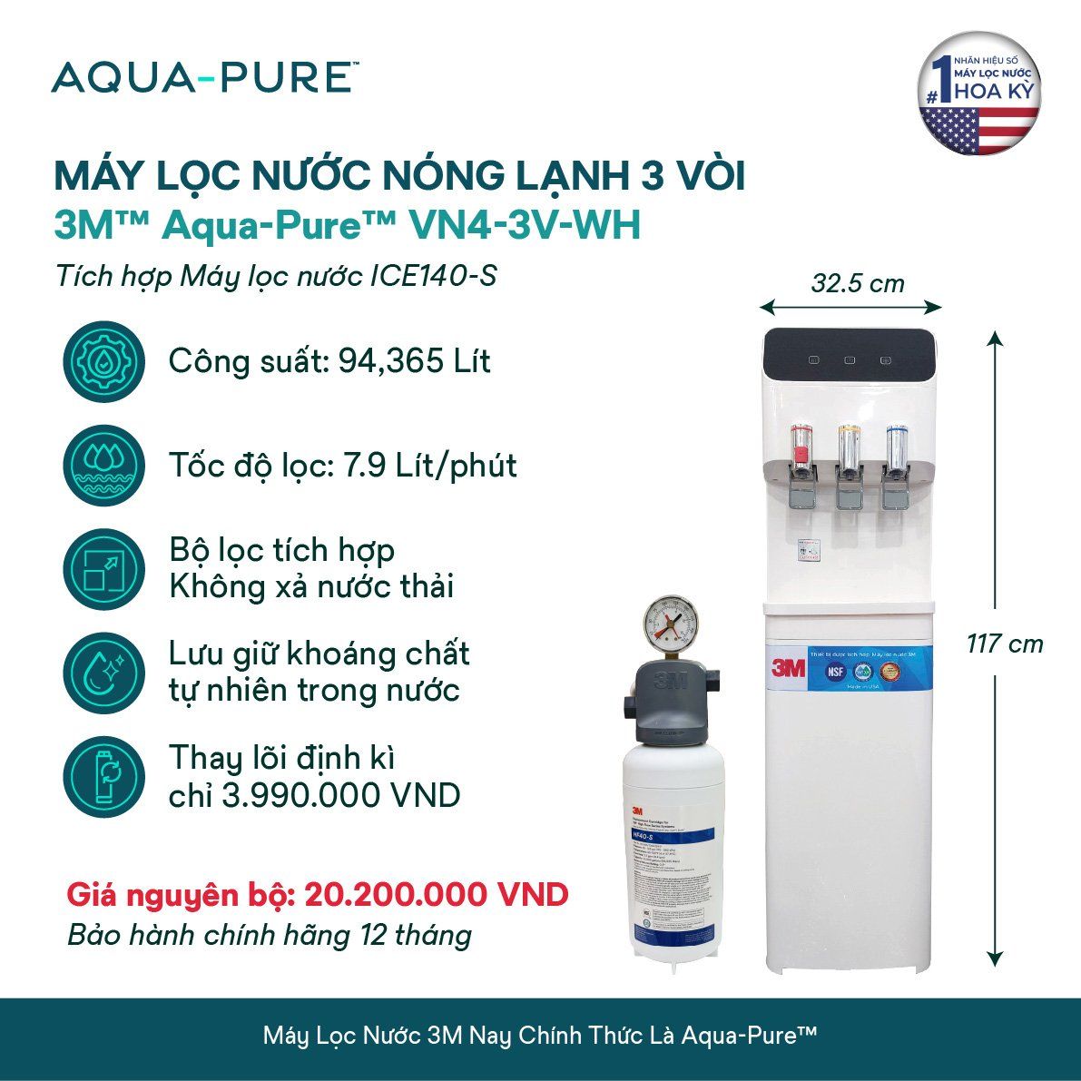  Cây Lọc Nước Nóng Lạnh VN4-3V-WH (Tích Hợp Máy Lọc Nước 3M™ Aqua-Pure™ ICE140-S) 