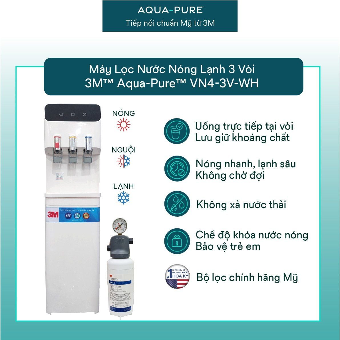  Cây Lọc Nước Nóng Lạnh VN4-3V-WH (Tích Hợp Máy Lọc Nước 3M™ Aqua-Pure™ ICE140-S) 