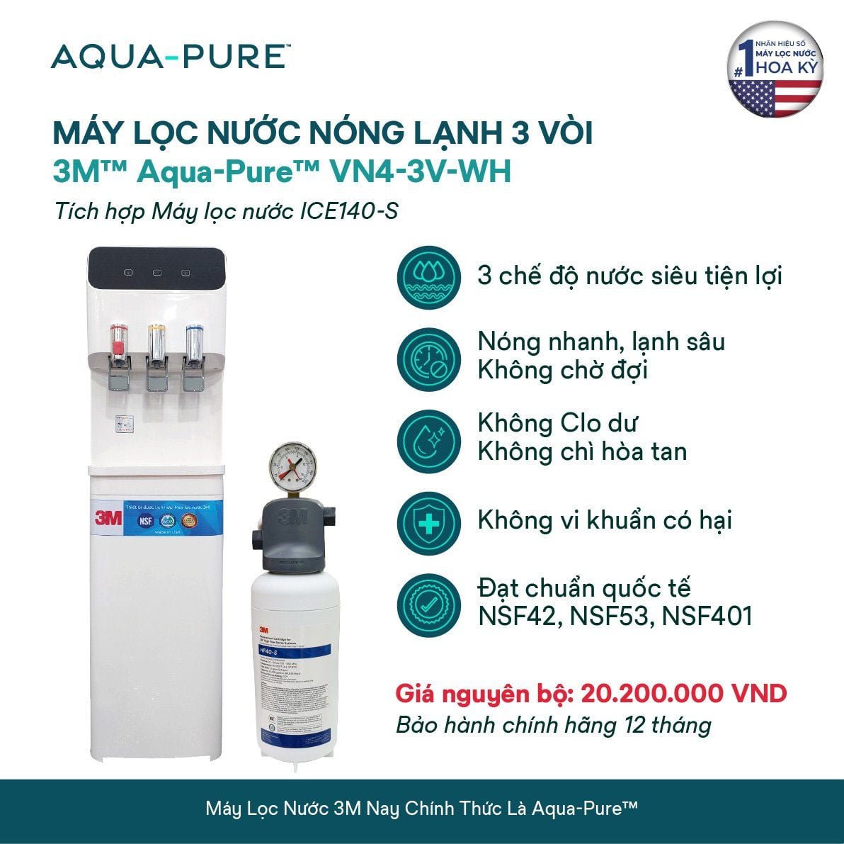  Cây Lọc Nước Nóng Lạnh VN4-3V-WH (Tích Hợp Máy Lọc Nước 3M™ Aqua-Pure™ ICE140-S) 