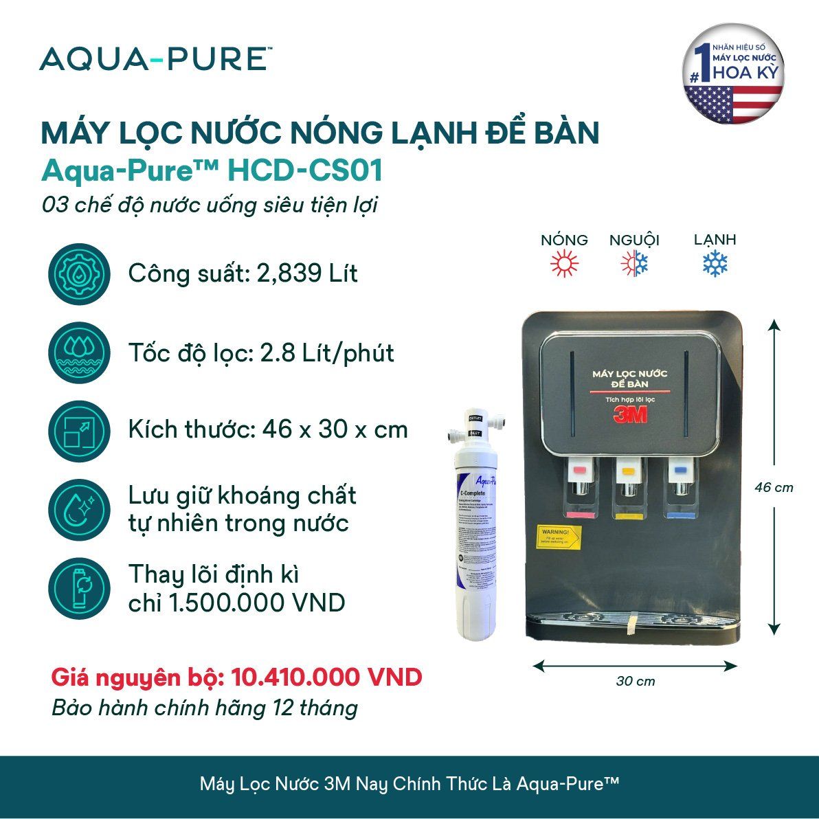  Máy Lọc Nước Nóng Lạnh Để Bàn 3M™ Aqua-Pure™ HCD-CS01 