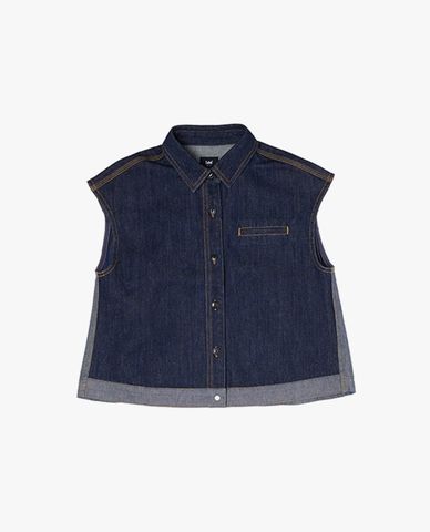 LEE - Áo sát nách denim nữ cổ bẻ xếp li 