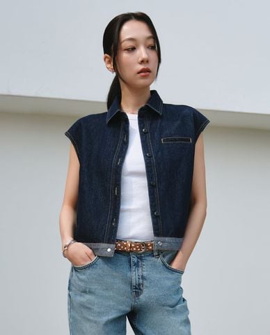  LEE - Áo sát nách denim nữ cổ bẻ xếp li 