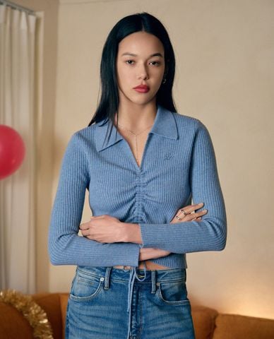  LEE - Áo dệt kim nữ cổ bẻ tay dài Seasonal 