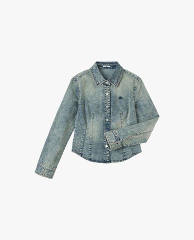  LEE - Áo sơ mi denim nữ cổ bẻ tay dài xếp li 