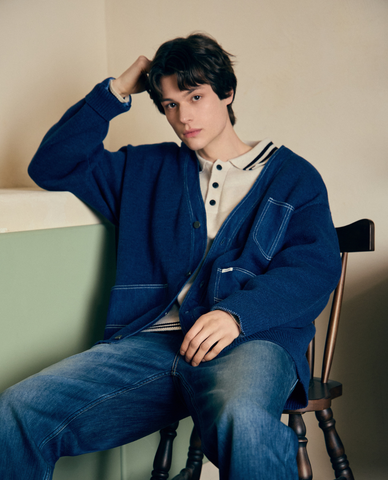  LEE - Áo dệt kim nam cổ bẻ tay dài phối nút Seasonal 