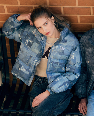  LEE - Áo khoác phao nữ tay dài họa tiết patchwork Indigo 