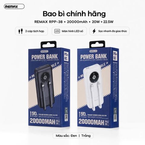 Pin dự phòng REMAX RPP-38 20000mAh Pinjur Series PD+QC - Trắng