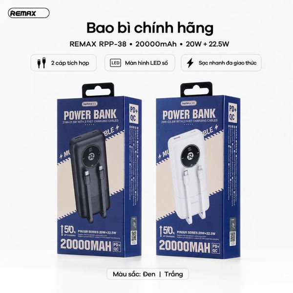 Pin dự phòng REMAX RPP-38 20000mAh Pinjur Series PD+QC - đen